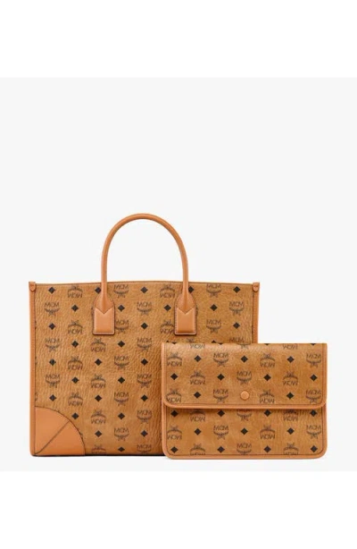 Mcm Munich Large Tote Bag With Shoulder Strap In Brown