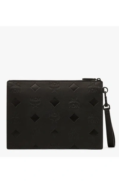 Mcm Aren Wristlet Pouch In Maxi Monogram Leather In Black