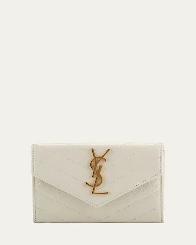 Saint Laurent Ysl Monogram Small Flap Wallet In Grained Leather In White
