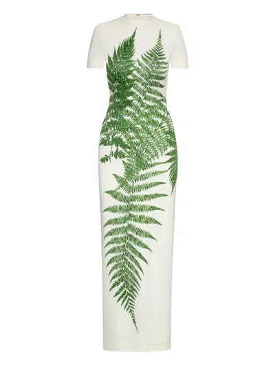 Oscar De La Renta Placed Fern Print Jersey T-shirt Dress In White
