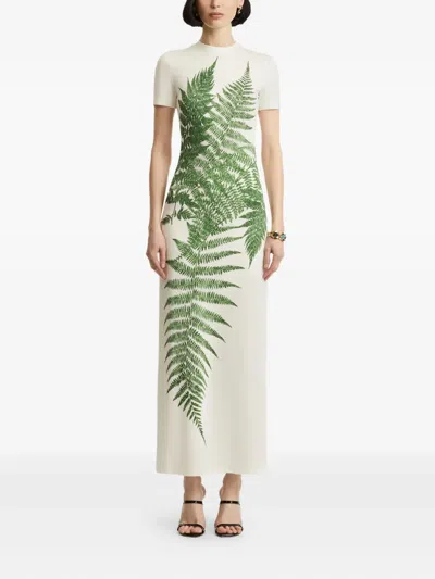 Oscar De La Renta Placed Fern Print Jersey T-shirt Dress In White