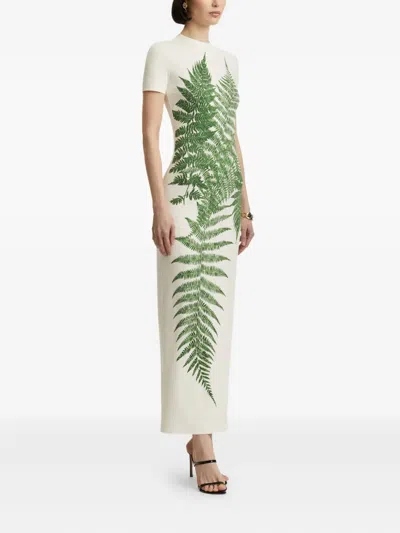 Oscar De La Renta Placed Fern Print Jersey T-shirt Dress In White