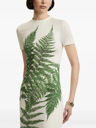Oscar De La Renta Placed Fern Print Jersey T-shirt Dress In White
