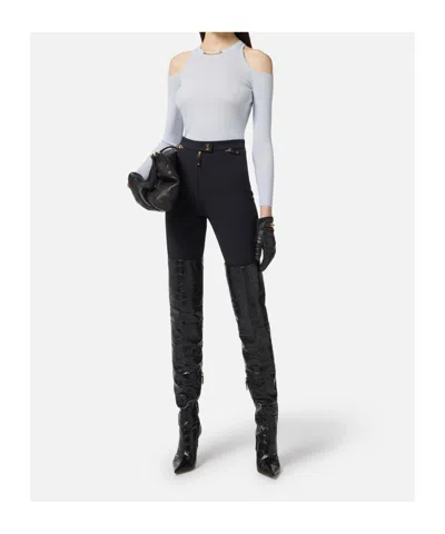 Elisabetta Franchi Straight-leg Cropped Crepe Pants With Gold Accents In Black