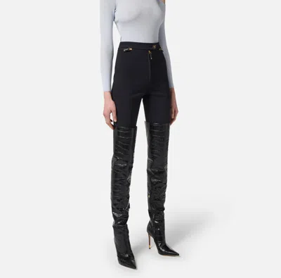 Elisabetta Franchi Straight-leg Cropped Crepe Pants With Gold Accents In Black