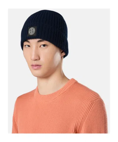 Stone Island Light Wool Knitted Beanie With Compass Patch Accessories In Black