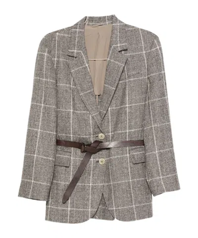 Brunello Cucinelli Belted Checked Wool Jacket With Pockets In Gray