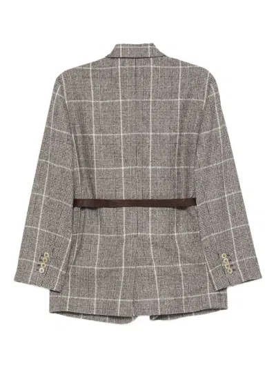 Brunello Cucinelli Belted Checked Wool Jacket With Pockets In Gray