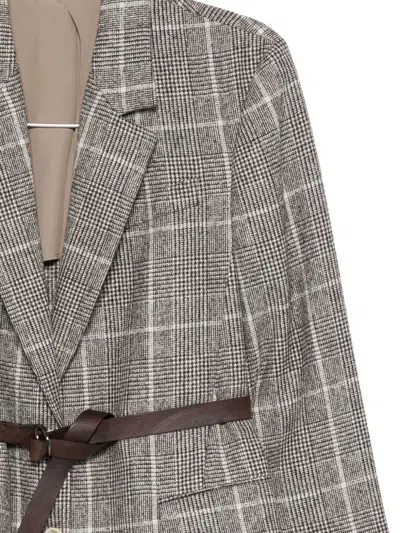Brunello Cucinelli Belted Checked Wool Jacket With Pockets In Gray