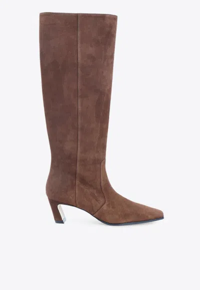 Stuart Weitzman Mid-height Suede Boots With Pointed Toe And Side Zipper In Brown