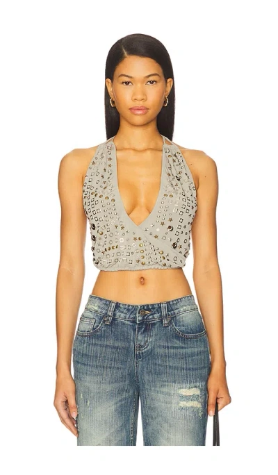 Jaded London Crystal Studded Backless Top In Gray