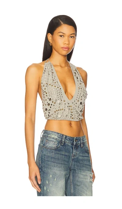 Jaded London Crystal Studded Backless Top In Gray