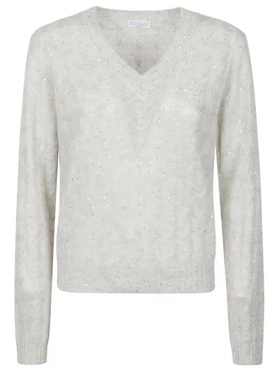 Brunello Cucinelli Light Grey Cable Knit Sweater In White