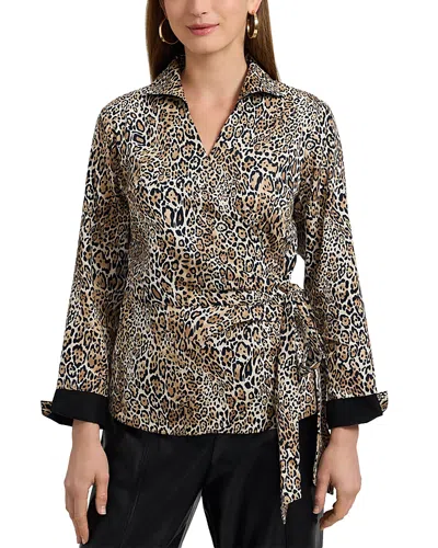 Foxcroft Salina Leopard Print Cotton Poplin Wrap Shirt In Multi