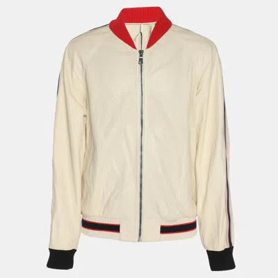 Pre-owned Gucci Cream Perforated Leather Logo Print Bomber Jacket Xl In White