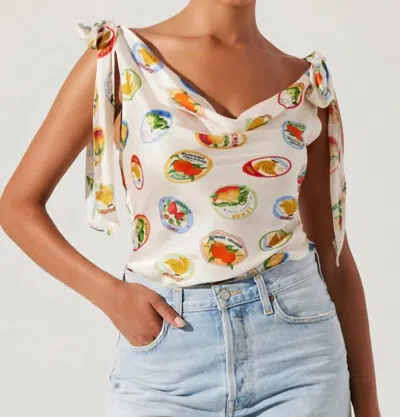 Astr Allexina Satin Tie Shoulder Top In Ivory Fruit Cocktail In Multi