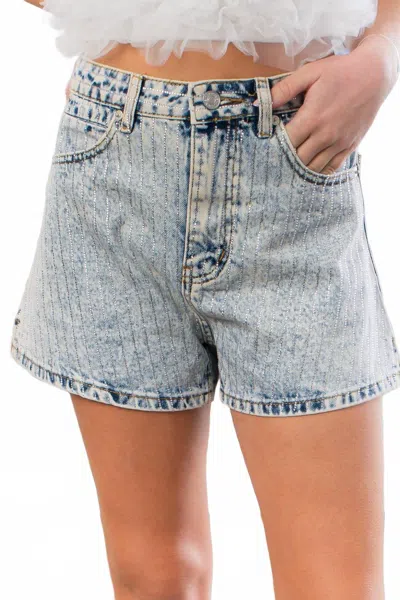Blue B Crystal Embellished Acid Wash Shorts In Denim In Multi