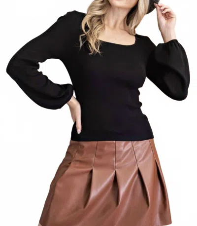 Eesome Penny Puff Sleeve Back Tie Sweater Top In Black In Black