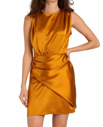 En Creme Sleeveless Front Layered Back Cutout Satin Dress In Marigold In Gold