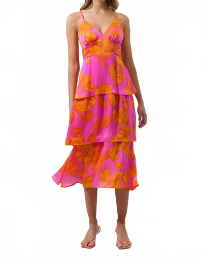 Sugarlips Pacey Floral Ruffle Tiered Midi Dress In Neon Pink-orange In Multi