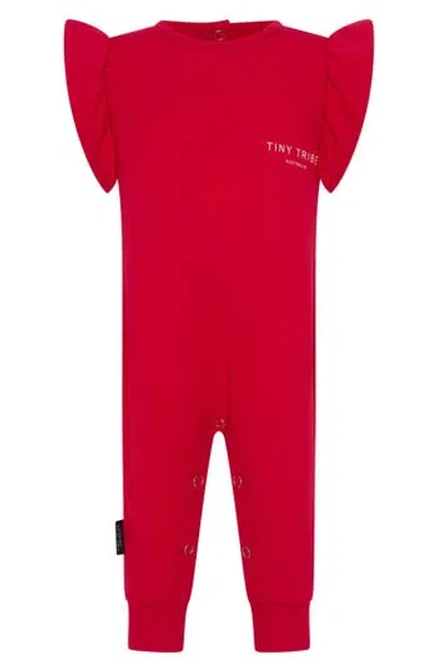 Tiny Tribe Core Ruffle Shoulder Cotton Jersey Romper In Red