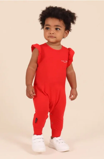 Tiny Tribe Core Ruffle Shoulder Cotton Jersey Romper In Red