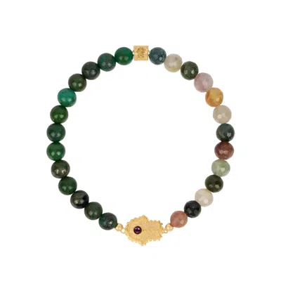 Karma And Luck Men's Gold / Green Spiritual Transformation - Green Pyrite Tourmaline Hamsa Charm Bracelet In Green