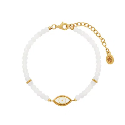 Karma And Luck Men's White / Gold Luminous Harmony Rainbow Moonstone Evil Eye Gold Bracelet In White