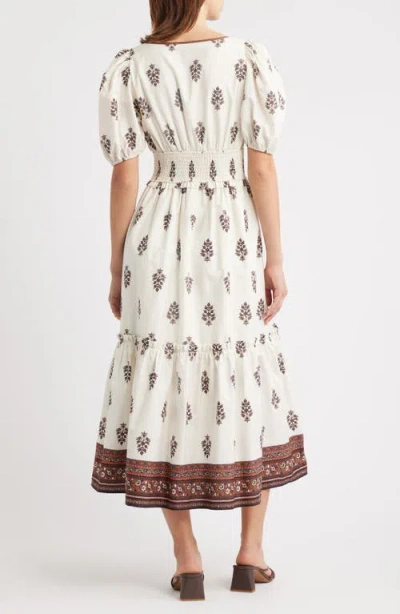 Moon River Puff Sleeve Pleated Midi Dress In Cream Multi In Multi