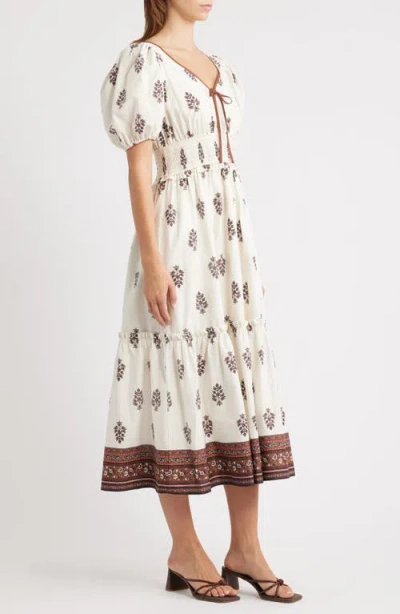 Moon River Puff Sleeve Pleated Midi Dress In Cream Multi In Multi