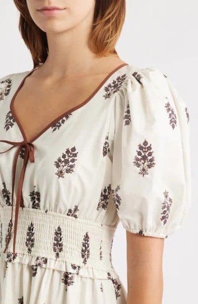 Moon River Puff Sleeve Pleated Midi Dress In Cream Multi In Multi