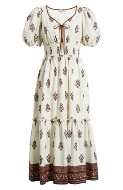 Moon River Puff Sleeve Pleated Midi Dress In Cream Multi In Multi