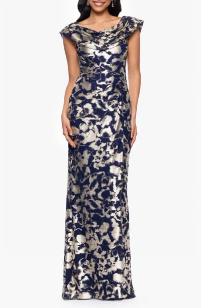 Betsy & Adam Metallic Floral Cowl Neck Sheath Gown In Multi