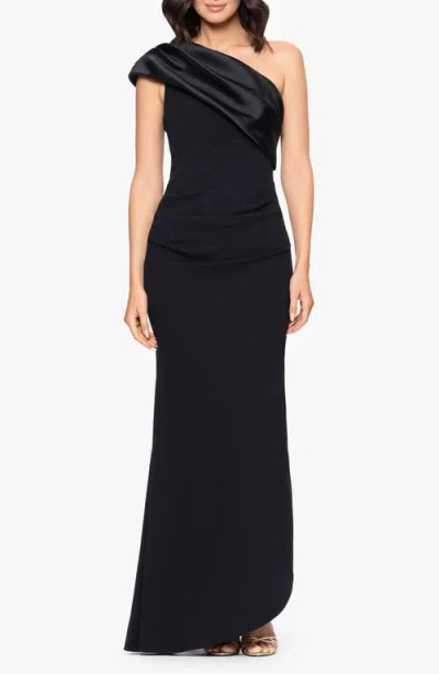Betsy & Adam One Shoulder Mikado & Scuba Crepe Column Gown In Black