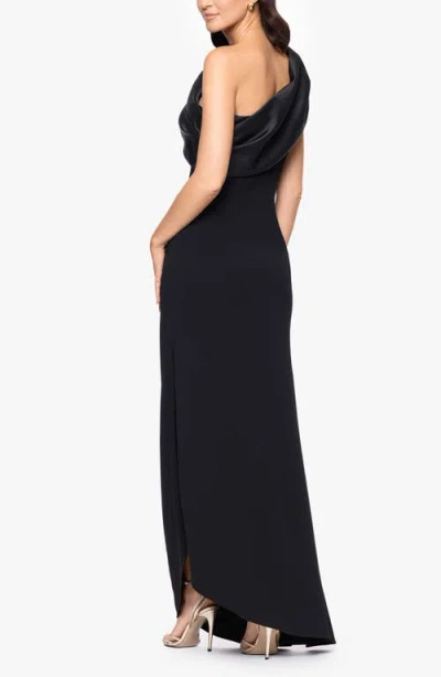Betsy & Adam One Shoulder Mikado & Scuba Crepe Column Gown In Black