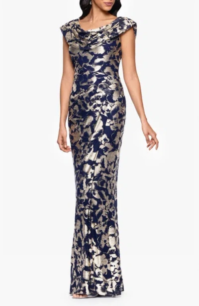 Betsy & Adam Metallic Floral Cowl Neck Sheath Gown In Multi