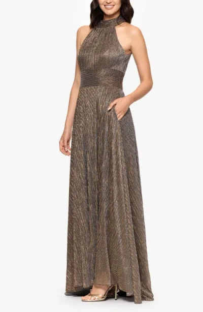 Betsy & Adam Halter Neck Sleeveless Crinkled Metallic A-line Gown In Multi