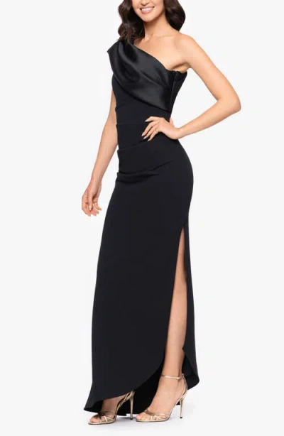 Betsy & Adam One Shoulder Mikado & Scuba Crepe Column Gown In Black