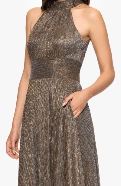 Betsy & Adam Halter Neck Sleeveless Crinkled Metallic A-line Gown In Multi