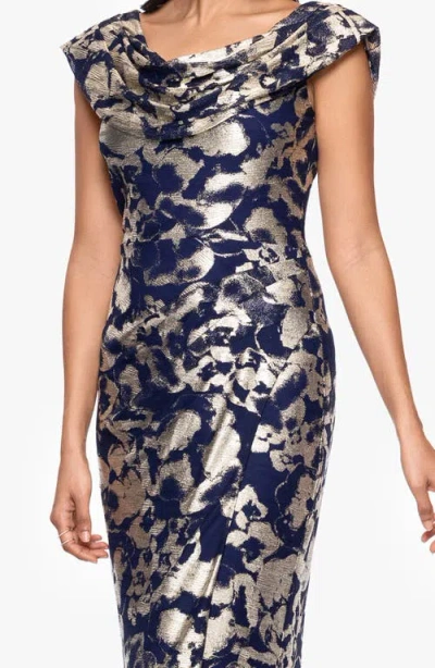 Betsy & Adam Metallic Floral Cowl Neck Sheath Gown In Multi