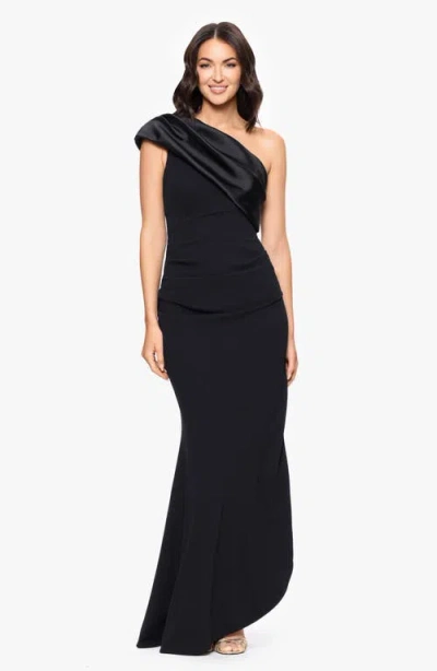 Betsy & Adam One Shoulder Mikado & Scuba Crepe Column Gown In Black