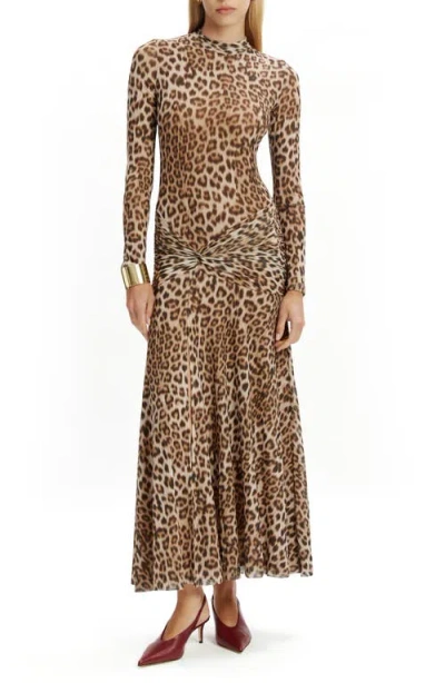 Bardot Lea Leopard Print Long Sleeve Mesh Midi Dress In Brown