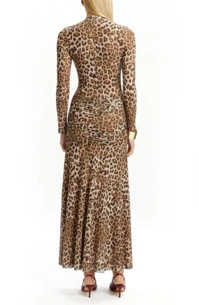 Bardot Lea Leopard Print Long Sleeve Mesh Midi Dress In Brown