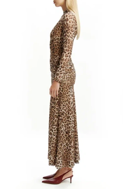 Bardot Lea Leopard Print Long Sleeve Mesh Midi Dress In Brown
