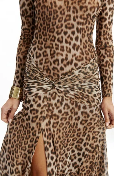 Bardot Lea Leopard Print Long Sleeve Mesh Midi Dress In Brown