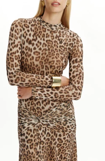 Bardot Lea Leopard Print Long Sleeve Mesh Midi Dress In Brown