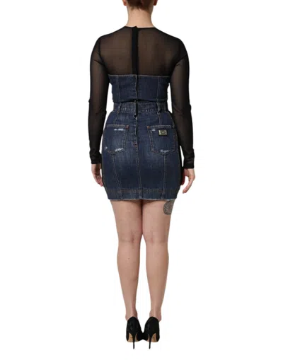 Dolce & Gabbana Black Blue Long Sleeves Denim Mini Dress In Blue
