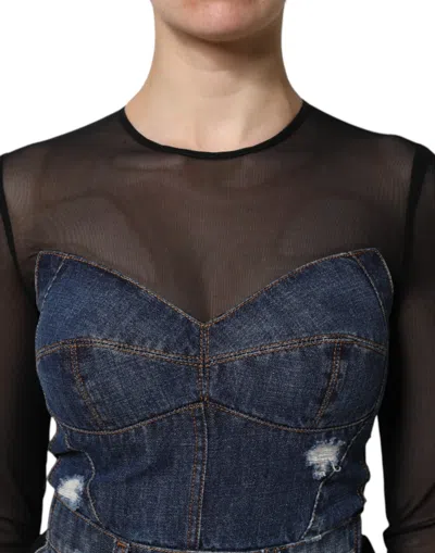Dolce & Gabbana Black Blue Long Sleeves Denim Mini Dress In Blue