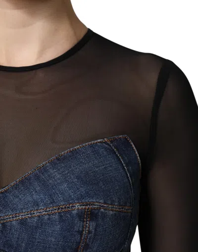 Dolce & Gabbana Black Blue Long Sleeves Denim Mini Dress In Blue