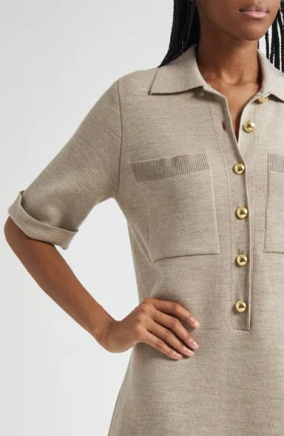 Veronica Beard Madden Merino Wool Mini Shirtdress In Oatmeal Melange In Brown